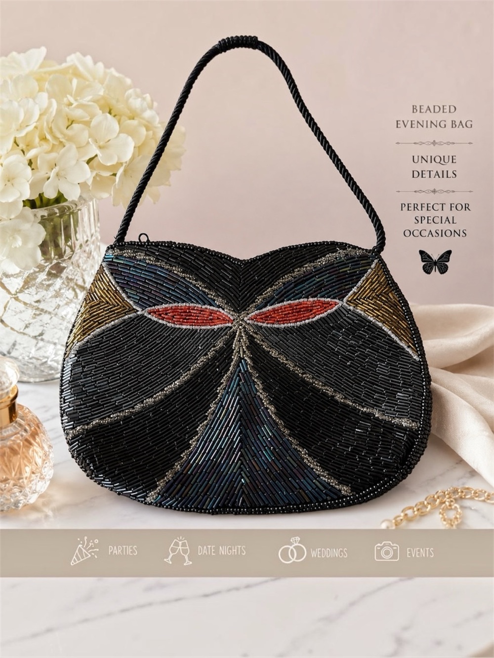 Beaded Butterfly Evening Bag Black Metallic Crossbody Statement